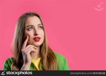 Thinking around woman on pink background. Smart student girl finding answer or trying to remember what she forgot, memory concept. High quality. Copy space. Thinking around woman on pink background. Puzzled lady looking for answer.