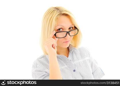 Thinking business woman. Isolated over white background
