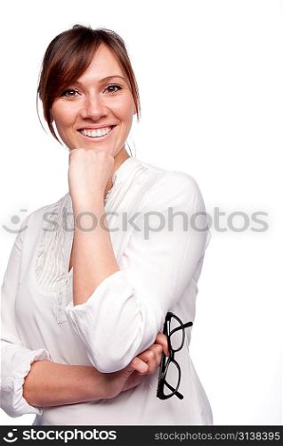 Thinking business woman smiling looking up at copy space isolated on white background