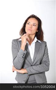 Thinking businesswoman on white background