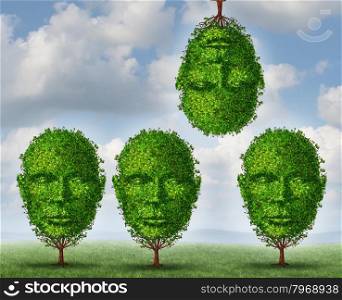 Thinking different creativity concept with a group of trees shaped as a human head with one tree upside down as a symbol freedom and of out of the box creative solutions on a summer sky background.