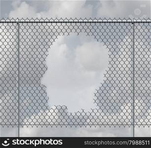 Thinking freedom and personal escape concept as a chain link fence with a hole shaped as a human head as motivation symbol or open mind psychological success metaphor.