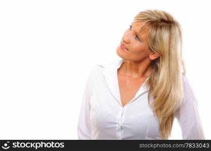 Thinking mature woman looking up to the side at copy space. White background