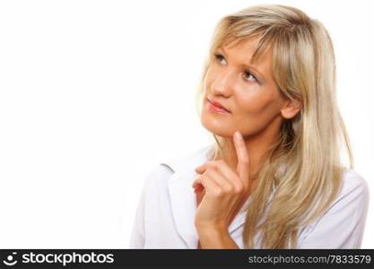 Thinking mature woman looking up to the side at copy space. White background