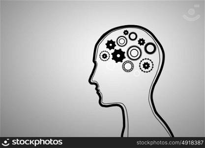 Thinking mechanism. Silhouette of human head with gears instead of brain