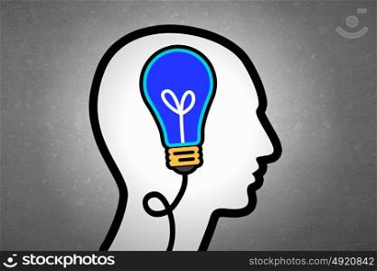 Thinking mechanism. Silhouette of human head with light bulb instead of brain