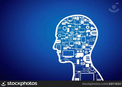 Thinking mechanism. Silhouette of human head with technology concepts instead of brain