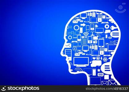Thinking mechanism. Silhouette of human head with technology concepts instead of brain