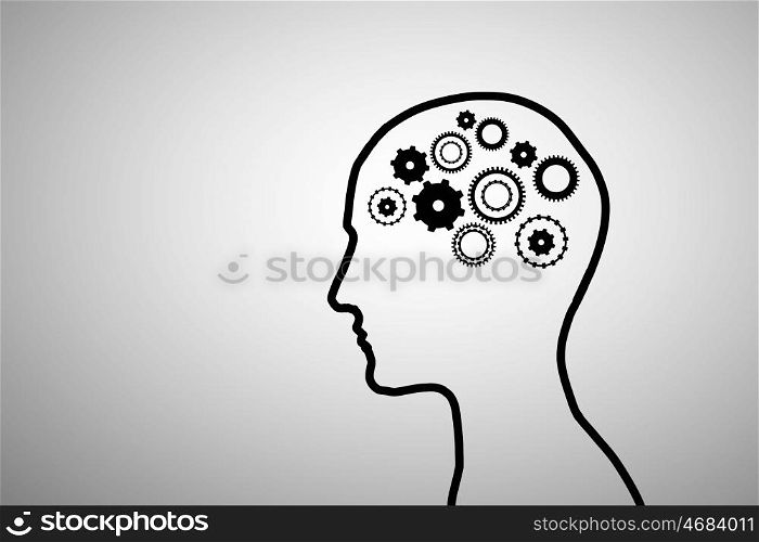 Thinking mechanisms. Silhouette of human head with gears mechanism instead of brain