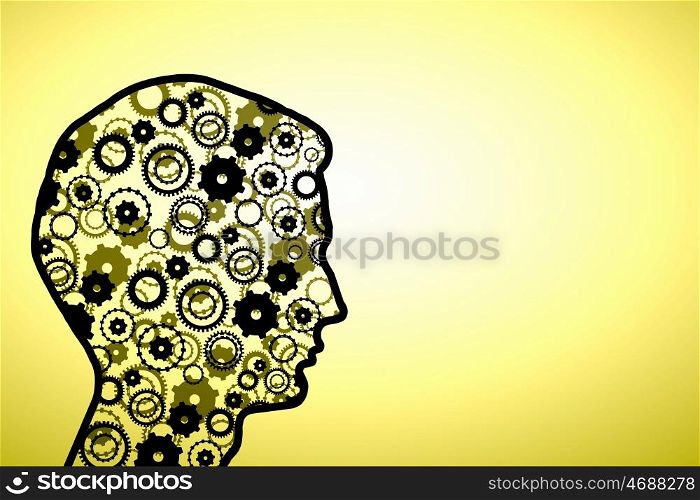 Thinking mechanisms. Silhouette of human head with gears mechanism instead of brain