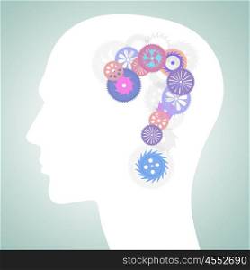 Thinking mechanisms. Silhouette of male head with gears in brain