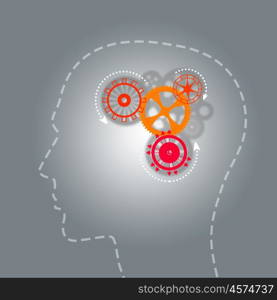 Thinking mechanisms. Silhouette of male head with gears in brain