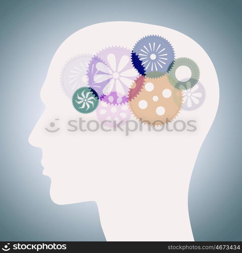 Thinking mechanisms. Silhouette of male head with gears in brain