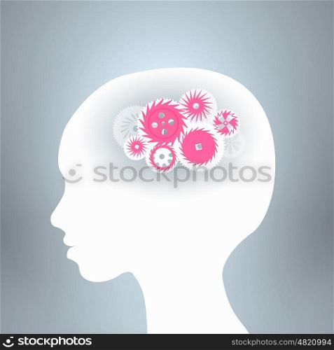 Thinking mechanisms. Silhouette of male head with gears in brain
