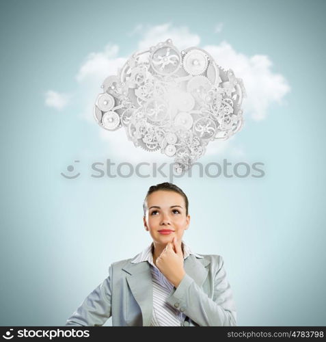 Thinking mechanisms. Thinking businesswoman with gear mechanisms on her head