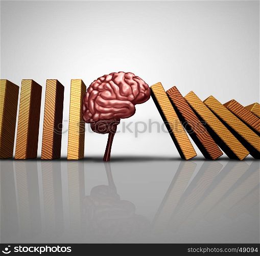 Thinking solution concept and creative innovation idea as a human brain stopping the fall of domino pieces as a psychology or mental health research success with 3D illustration elements.