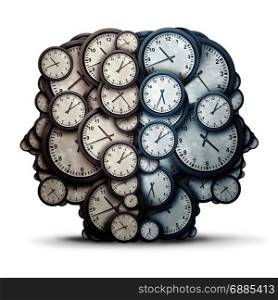 Thinking time meeting concept as a group of clock objects shaped as two human heads as a business punctuality and appointment cooperation metaphor or deadline pressure team and overtime collaboration icon as a 3D illustration.