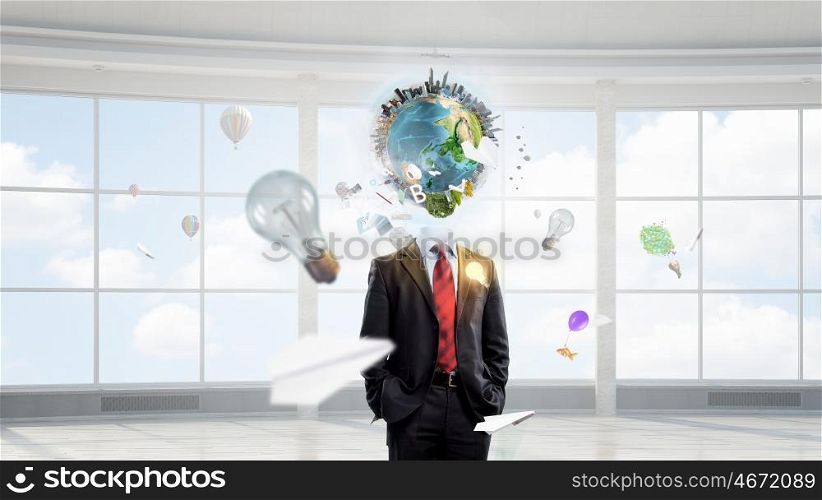 Thinking wide and globally . Businessman with globe instead of head. Elements of this image are furnished by NASA