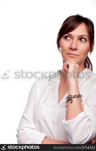 thinking woman looking up with hand on chin isolated on white