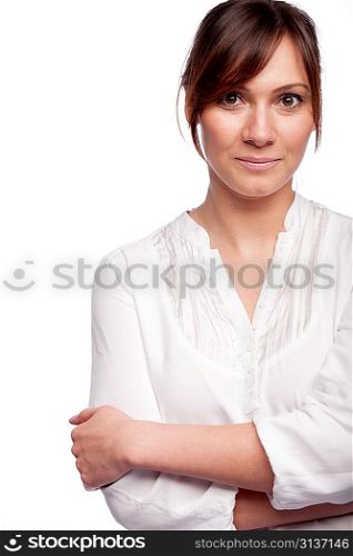 Thinking young woman looking at copy space isolated on white background