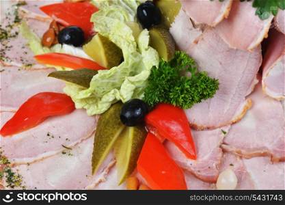 Thinly sliced pieces of meat on plate
