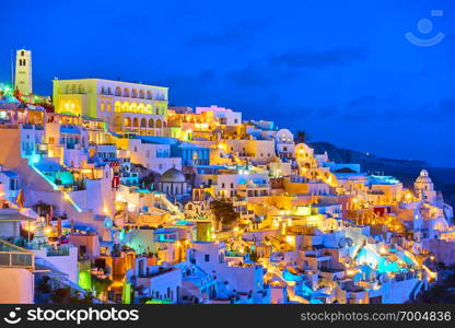 Thira town at night, Santorini Island, Greece