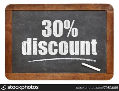 thirty percent discount sign - white chalk text on an isolated vintage slate blackboard