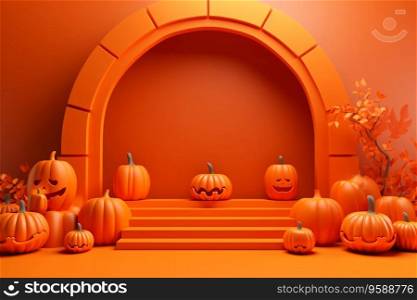 This 3D Halloween pumpkin podium stand is set on an orange background, creating a spooky and atmospheric scene. The pumpkins are carved into different shapes and sizes, and there are bats flying overhead. Generative AI