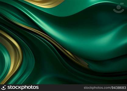 This abstract background features a dynamic liquid wave in emerald and gold colors. The gradient is luxurious and sharp, making it perfect for a variety of projects. Ge≠rative AI