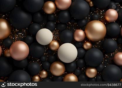 This abstract background features black and golden 3D spheres balls disrupted. The stripe pattern on the spheres creates a luxurious and stylish effect. Generative AI