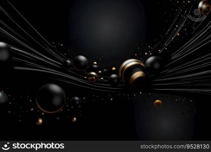 This abstract background features black and golden 3D spheres balls disrupted. The stripe pattern on the spheres creates a luxurious and stylish effect. Ge≠rative AI