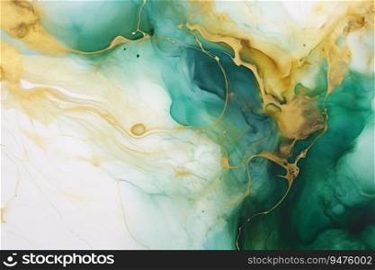 This abstract painting watercolor uses green and gold inks on white marble background, luxury style and eye-catching image. Generative AI