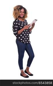 This app looks really nice!. Young african woman working with her tablet computer, isolated over a white background