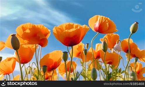 This breathtaking close-up photograph captures the vibrant beauty of bright and colorful yellow and red poppy flowers against the backdrop of a serene blue sky and the radiant sun. The poppies, with their velvety petals, stand tall and proud, creating a captivating scene that exudes energy and joy. Each blossom seems to dance in harmony with the gentle breeze, painting a picture of nature&rsquo;s symphony in full bloom. This close-up perspective allows you to immerse yourself in the intricate details of the poppies, from the delicate folds of the petals to the subtle variations in color. It&rsquo;s a mesmerizing display that celebrates the beauty of nature and evokes a sense of wonder and awe.
