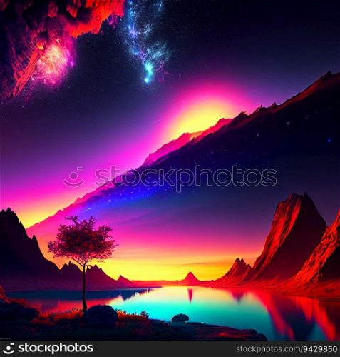This captivating artwork presents a breathtaking sunset over a unique, abstract landscape. High peaks, rendered through an innovative fusion of cell-shading and alcohol ink techniques, encircle a serene lake. This image was masterfully generated by artificial intelligence, resulting in a vibrant and extraordinary representation of nature&rsquo;s beauty.