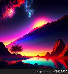 This captivating artwork presents a breathtaking sunset over a unique, abstract landscape. High peaks, rendered through an innovative fusion of cell-shading and alcohol ink techniques, encircle a serene lake. This image was masterfully generated by artificial intelligence, resulting in a vibrant and extraordinary representation of nature&rsquo;s beauty.