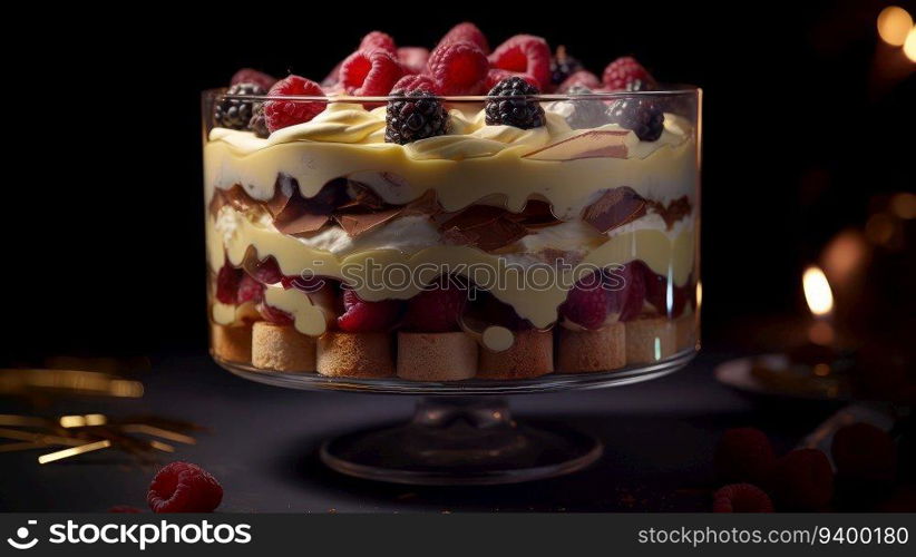 This close-up food photography captures the mouthwatering beauty of a rustic trifle. The golden hour lighting and hard rim lighting combine to create a warm and inviting atmosphere that highlights the highly detailed and ultra-realistic textures of the dish. The use of depth of field  DOF  further enhances the focus on the creamy layers of the trifle. Shot using a Canon 5D DSLR with a 50mm portrait lens, this image was rendered in V-ray with 8K resolution and ray tracing technology.