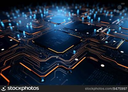 This close-up photo of a computer circuit board shows the intricate details of the CPU and memory cards. The futuristic background creates a sense of technology and innovation. Generative AI