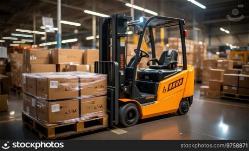 This dynamic photo captures the efficiency and precision of a forklift as it expertly loads pallets and boxes in a bustling warehouse. It’s a testament to the organized chaos that keeps the logistics of modern commerce running smoothly.