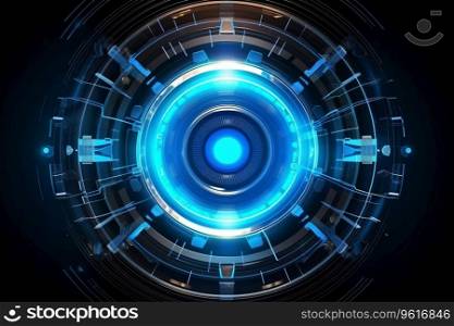 This futuristic eye scan illustration features a realistic and detailed digital eyeball set against an abstract blue background. Generative AI