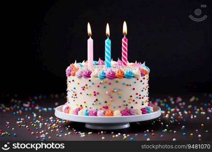 This happy birthday cake is a beautiful and festive way to celebrate a special occasion. The cake is topped with a variety of candles. Generative AI