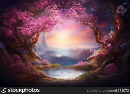 This imaginary painting of a pink tree surrounded by flowers is a beautiful and creative work of digital art. It features a natural scenery. Generative AI