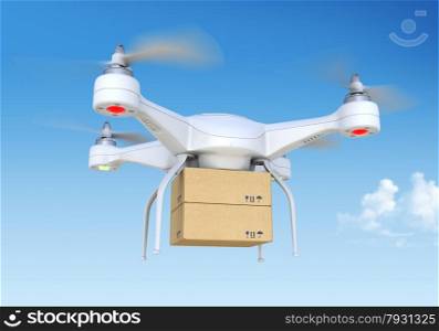 This is 3D model was designed and modelled by myself and not exist in real life.. Quadrocopter drone delivering package