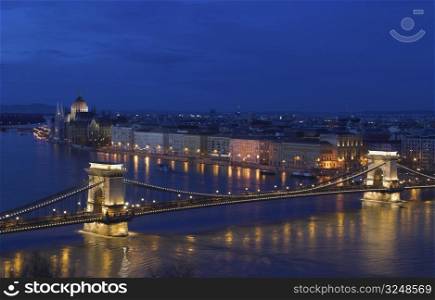 This is a panorama photo of Budapest, the capital of Hungary. It lies on both sides of the river Danube. The old Chain Bridge is one of the most remarkable landmarks of the city.