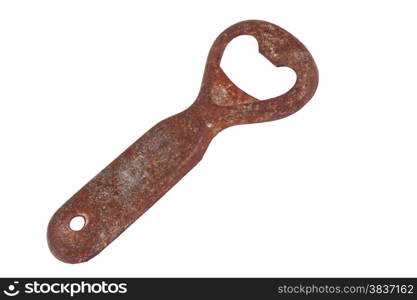 This is a very rusty bottle opener on the white background. And unhygienic object.