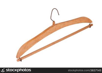 This is a wooden coat hanger than old times. Very beautiful design. This object isolated on white background.