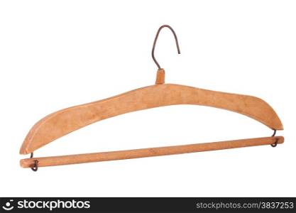 This is a wooden coat hanger than old times. Very beautiful design. This object isolated on white background.