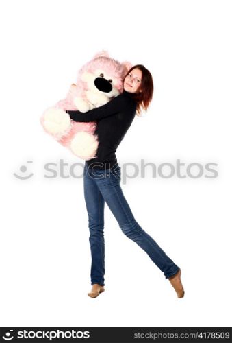 This is portrait of a beautiful redhead girl with Pink Bear on white