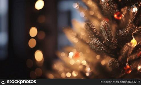 This photo features a beautiful Christmas tree in closeup, with bokeh lights in the background and empty space for text. The tree is decorated with a variety of ornaments and a shining star on top, and the bokeh lights create a warm and festive atmosphere.