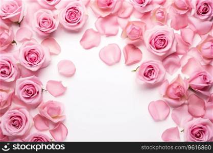 This photo of a floral frame composed of pink rose petals is both elegant and minimalist. The empty space in the frame creates a sense of serenity and calm. Generative AI